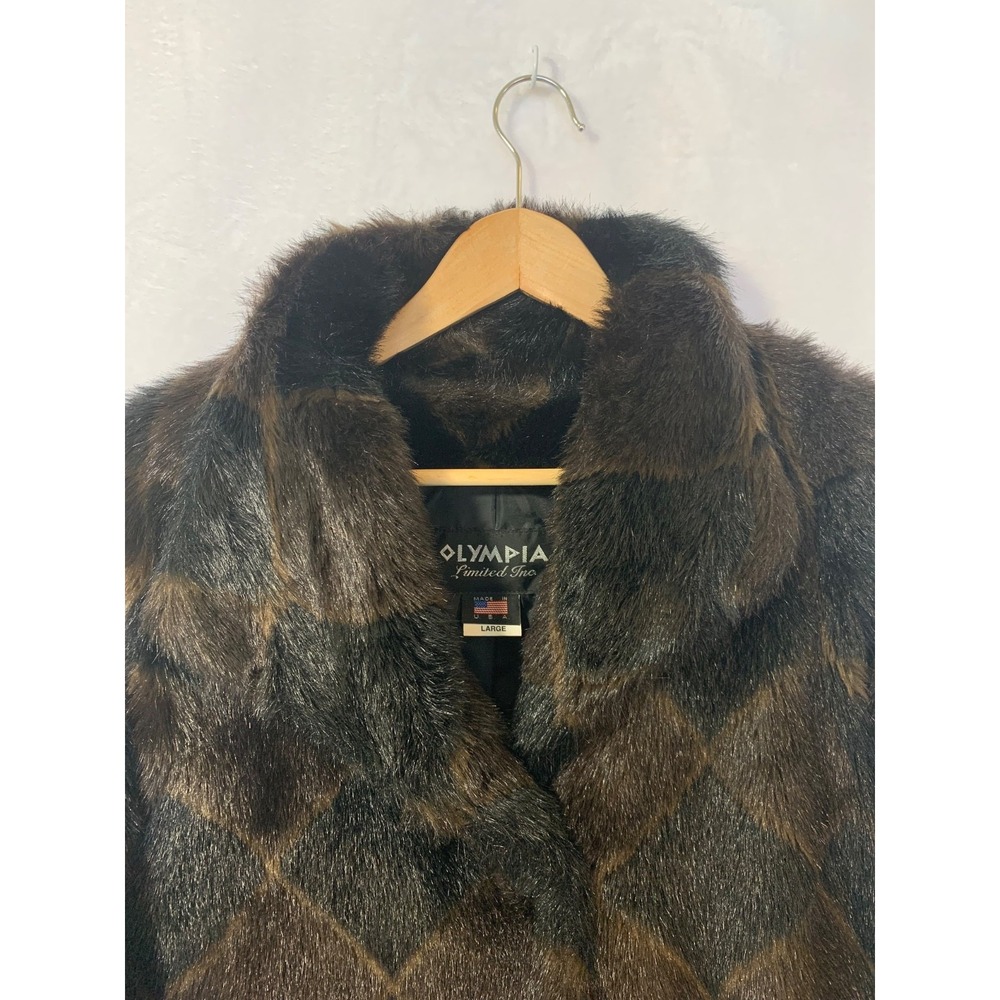 Vintage Olympia Limited Inc Black/ Brown Faux Fur Long Coat LG Mob Wife USA Made